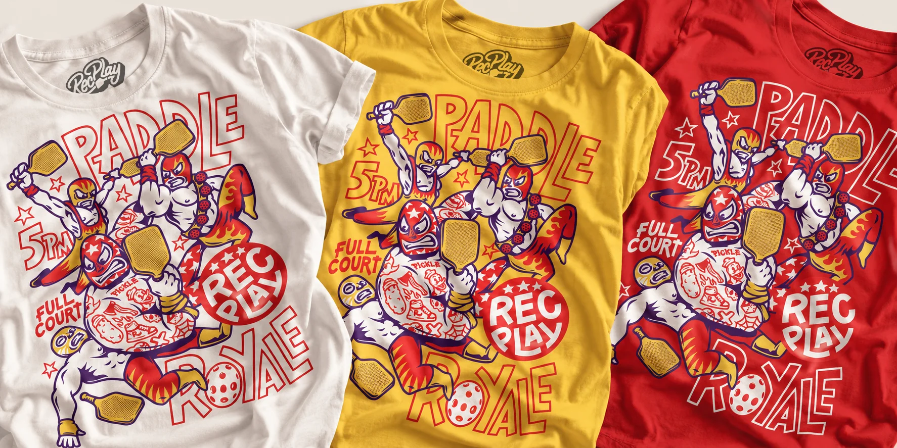 White, yellow and red RecPLAY Paddle Royale T-shirts featuring illustrated pickleball luchador characters.