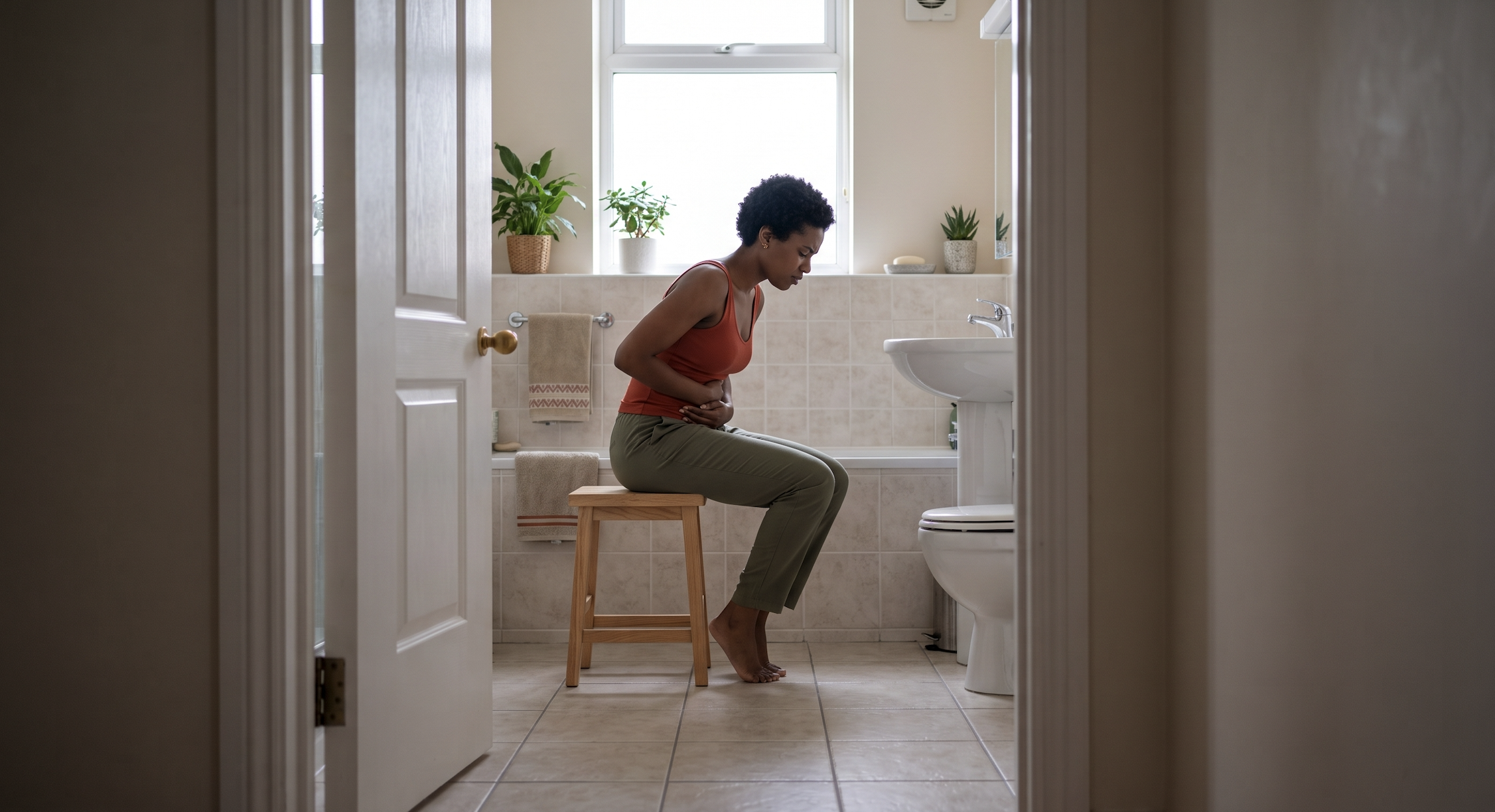 Woman clutches her stomach in pain before having a bowel movement