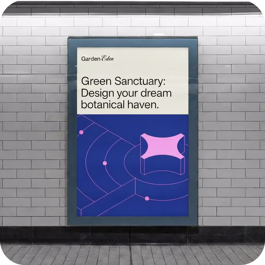 Poster on tiled wall reads: Green Sanctuary: Design your dream botanical haven with abstract purple shapes below.