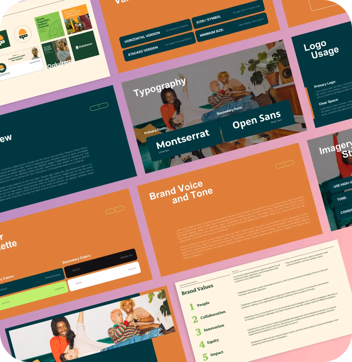 Collage of brand guidelines showing typography, colors, logo usage, and brand values with people in casual poses.