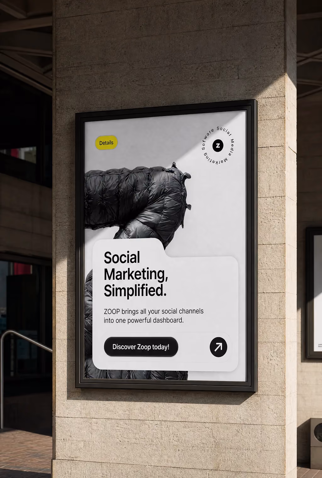Outdoor poster for Zoop social marketing software with a call-to-action to discover Zoop today.