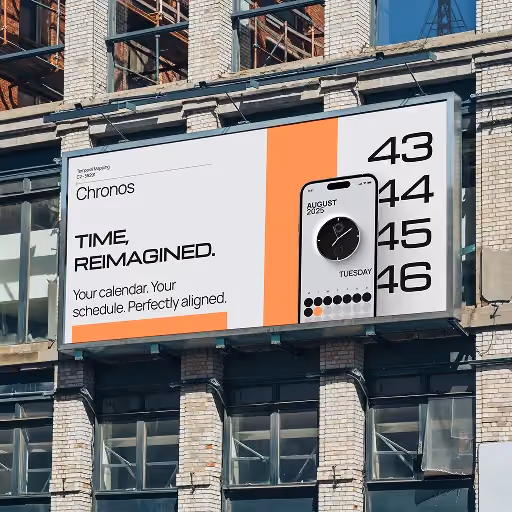 Billboard ad for Chronos calendar app showing a phone with August 2023 and text about reimagined time.