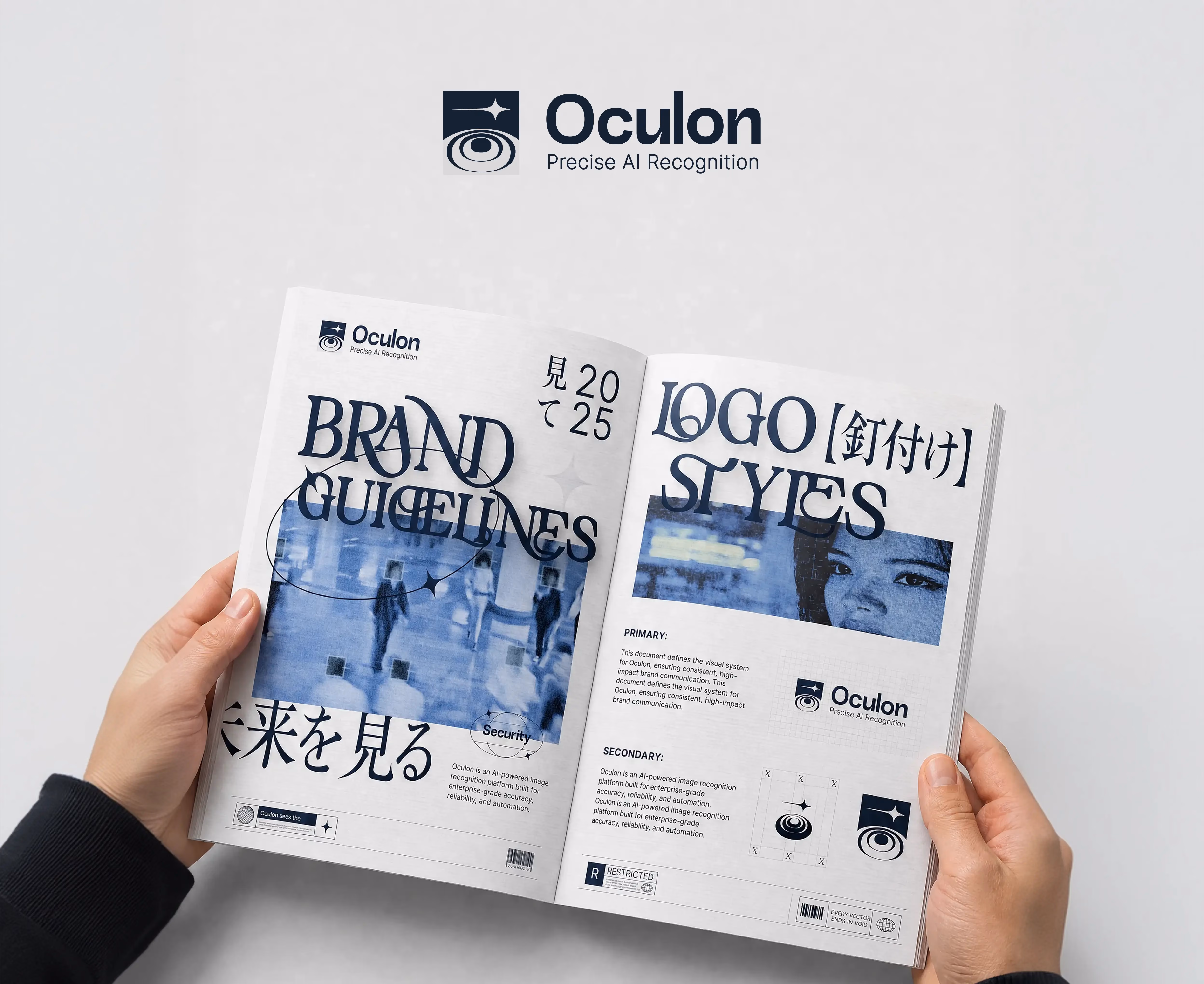 Hands holding open brochure of Oculon brand guidelines and logo styles with text and images.