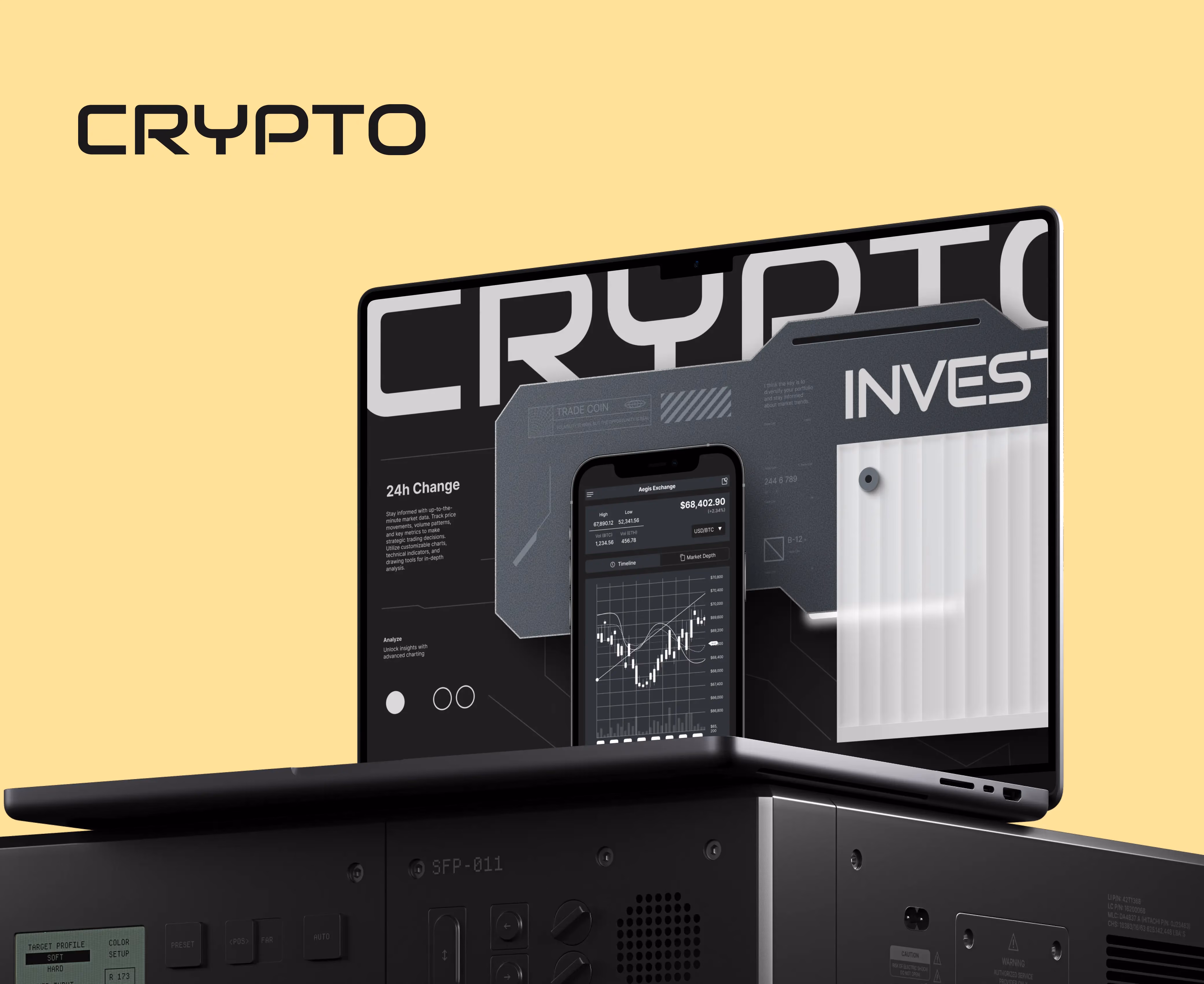 Laptop on device showing cryptocurrency price charts and the word CRYPTO on screen against yellow background.