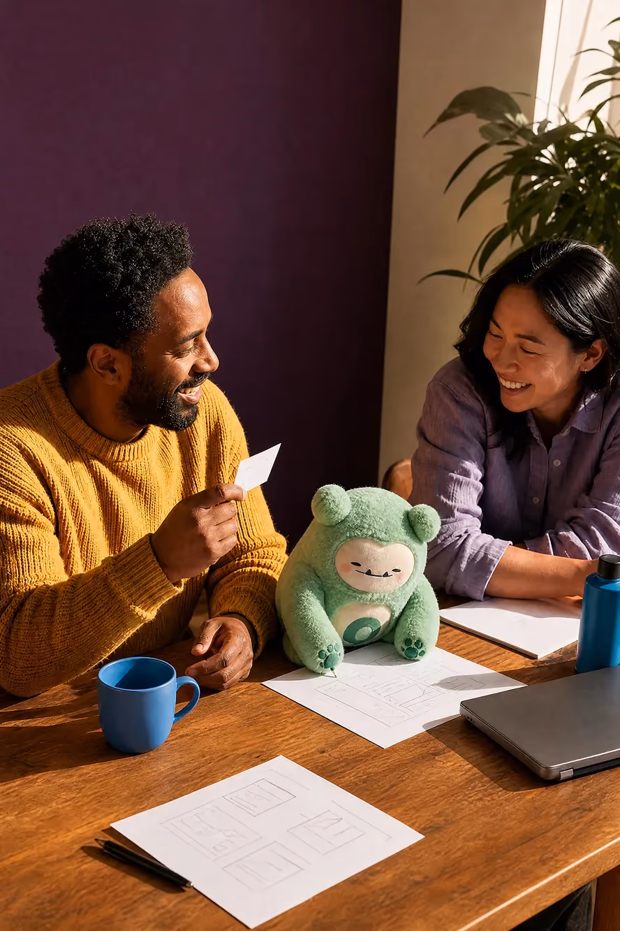 Two coworkers smile and discuss sketches at a wooden table with a green plush toy and laptop.