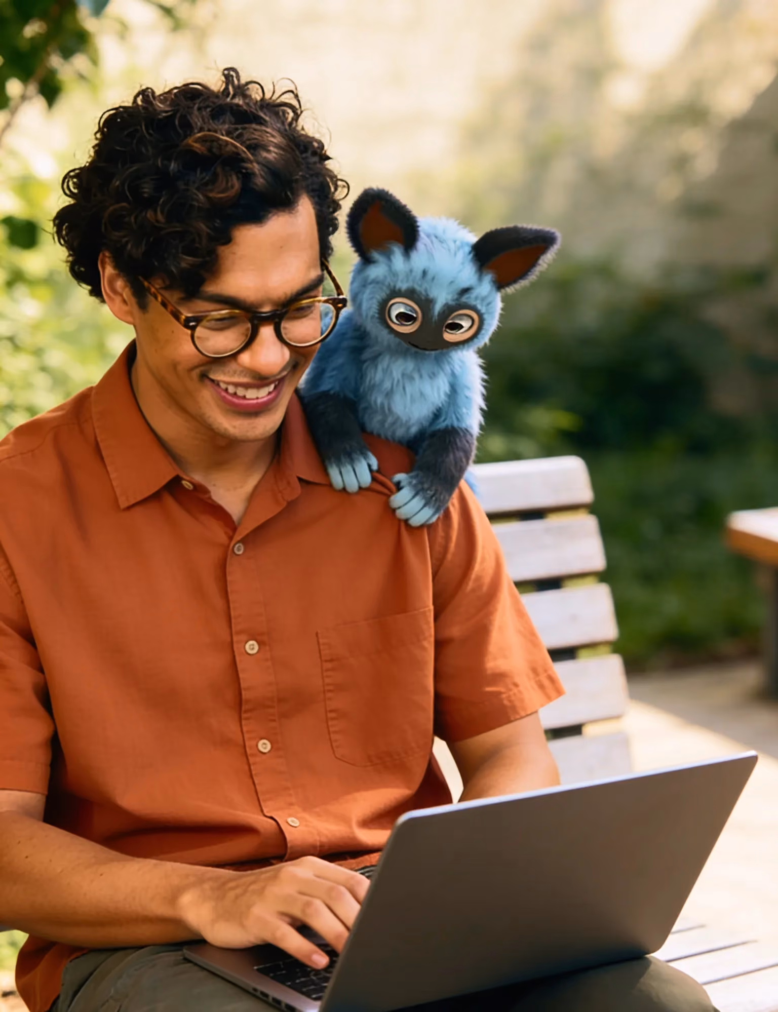 Man in glasses typing on laptop with a small blue furry creature on his shoulder outdoors.