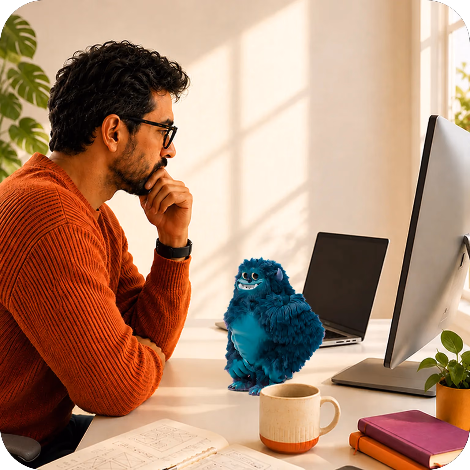 Man in orange sweater sitting at a desk looking thoughtfully at a small blue furry monster figure.