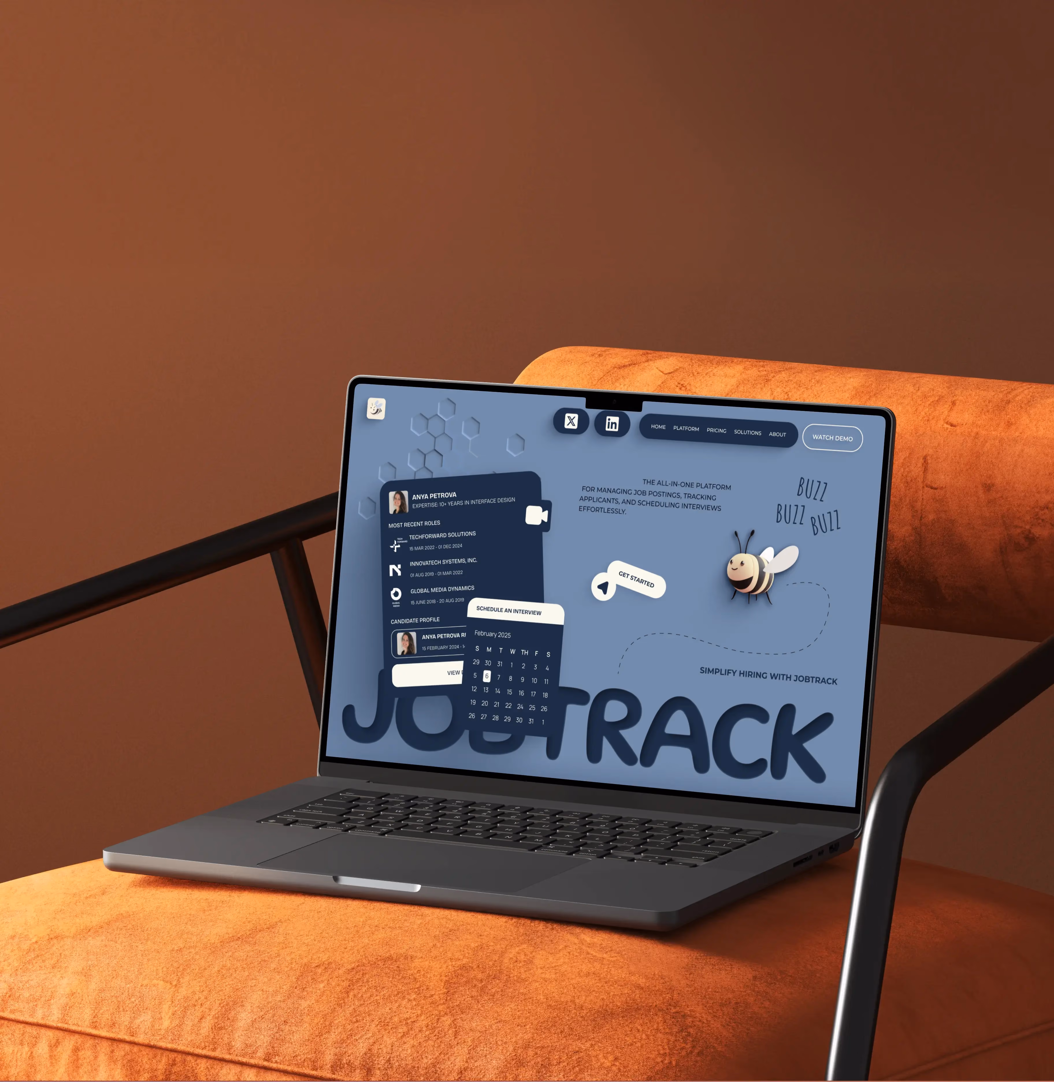 Open laptop on orange chair showing JobTrack hiring platform with candidate profile and interview calendar.