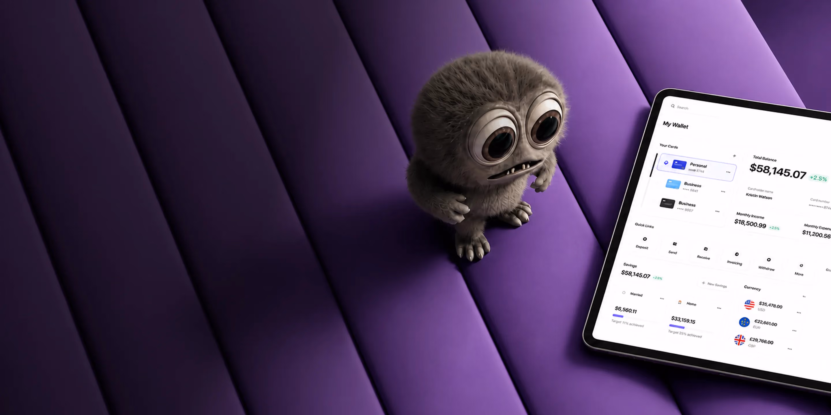 Small fuzzy creature with large eyes looks at a tablet showing a digital wallet and finances.
