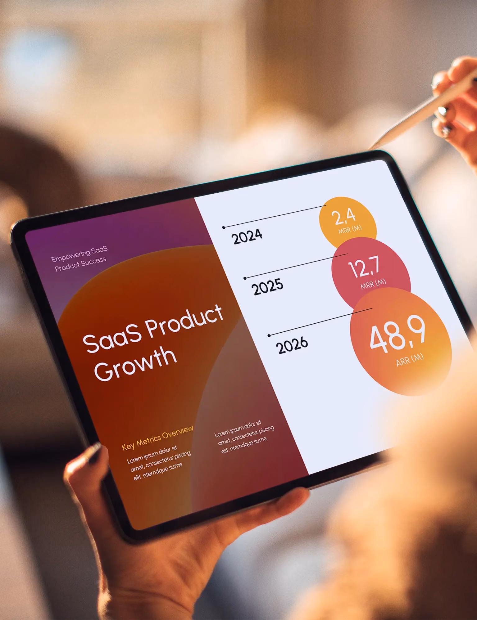Tablet showing SaaS product growth with MRR and ARR metrics for 2024, 2025, and 2026.