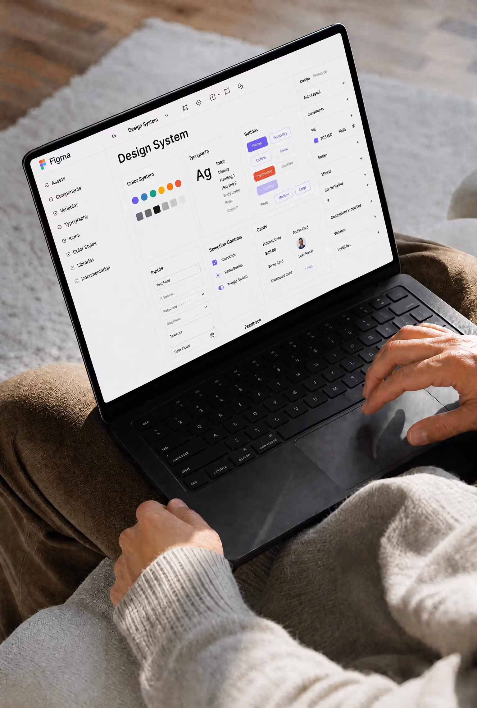 Person using laptop displaying a Figma design system interface with color, typography, and buttons.