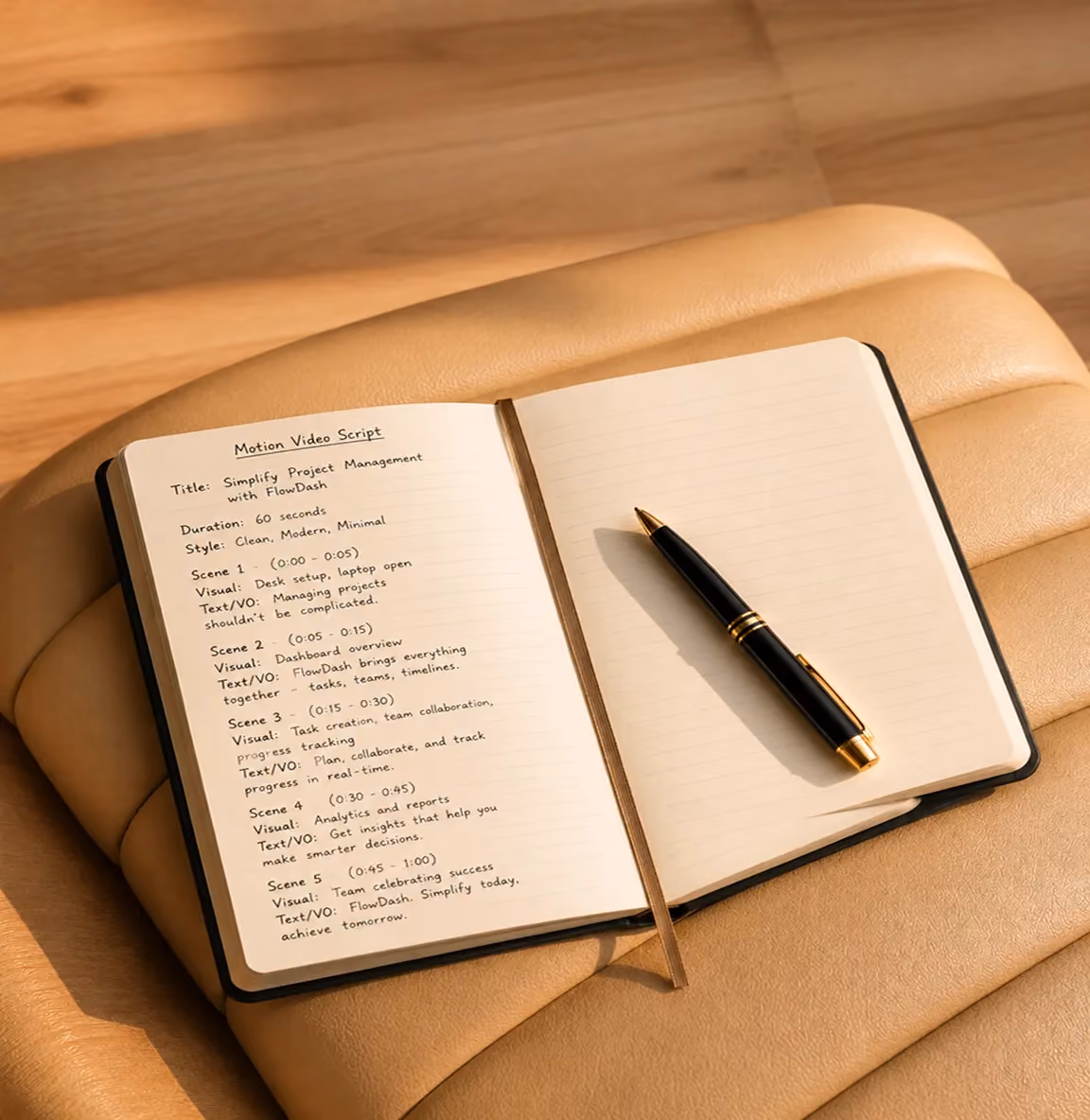 Open notebook on a tan chair with handwritten motion video script and black pen on blank page.