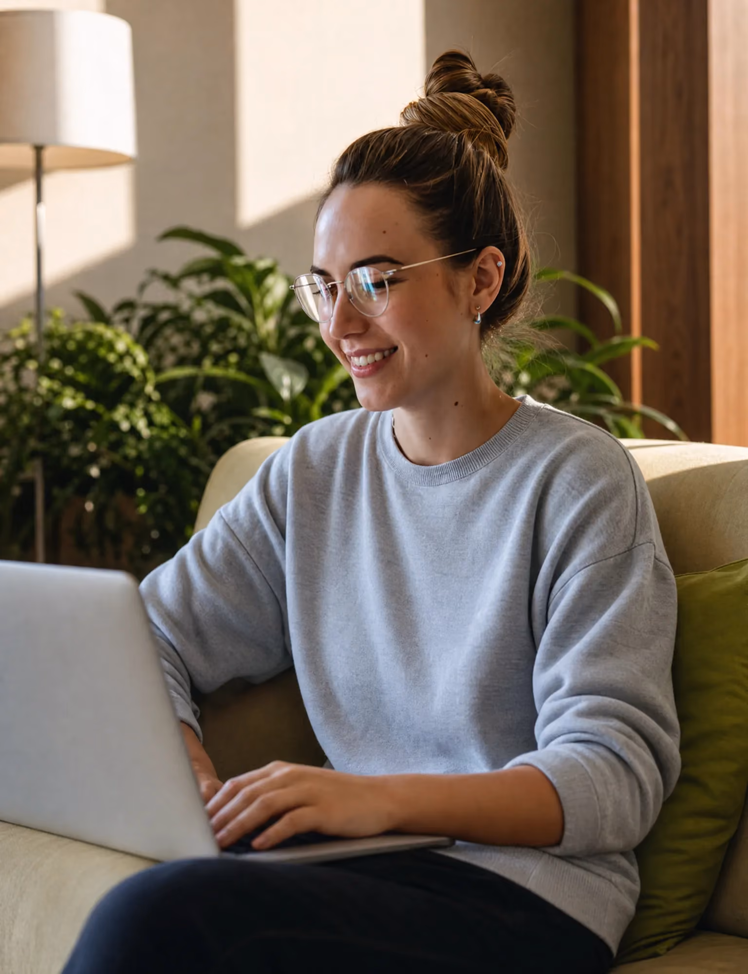 Smiling woman with glasses typing on a laptop while sitting on a couch with plants behind her.