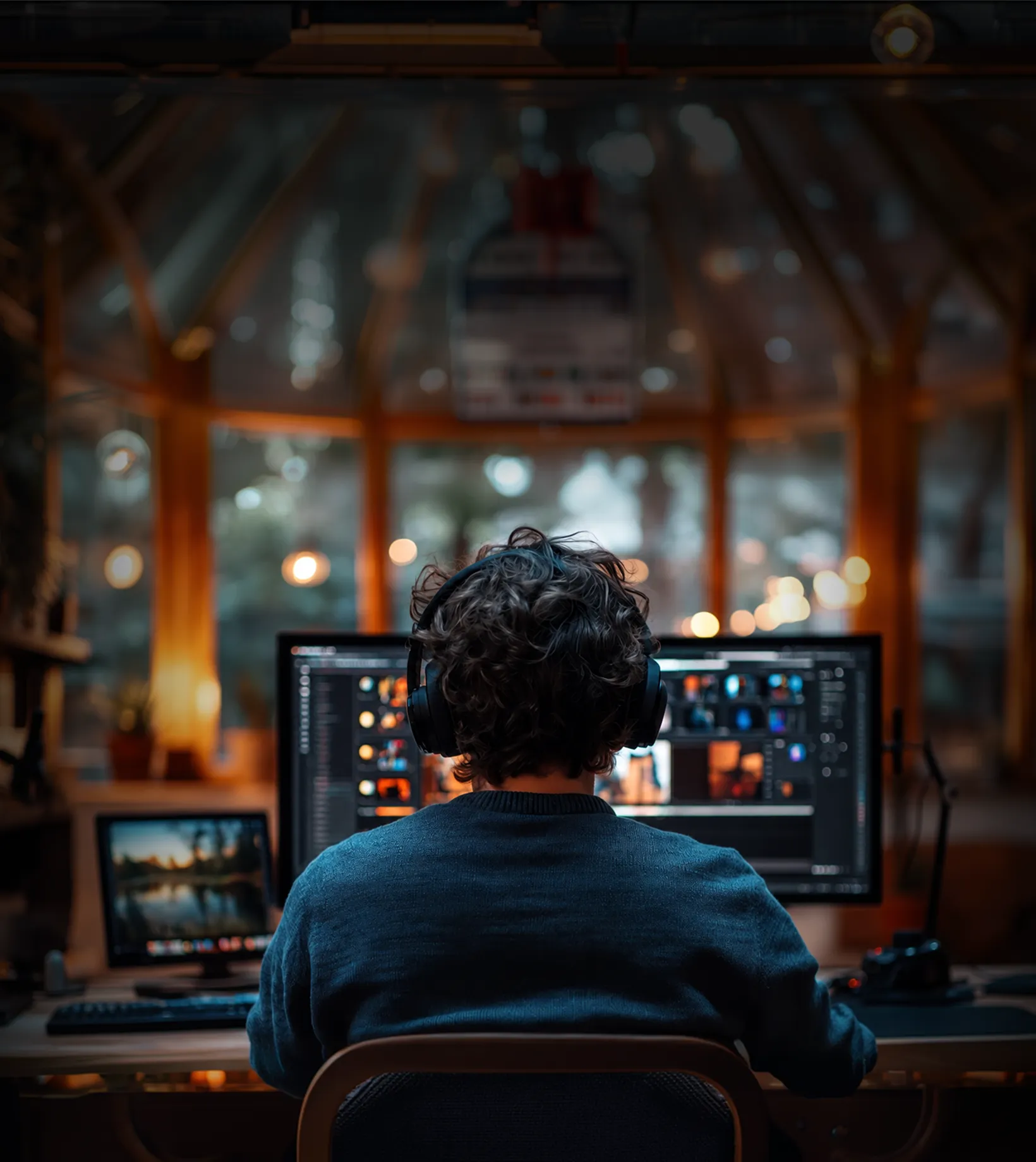 Person with headphones editing photos on dual screens in a dimly lit room with warm lighting.