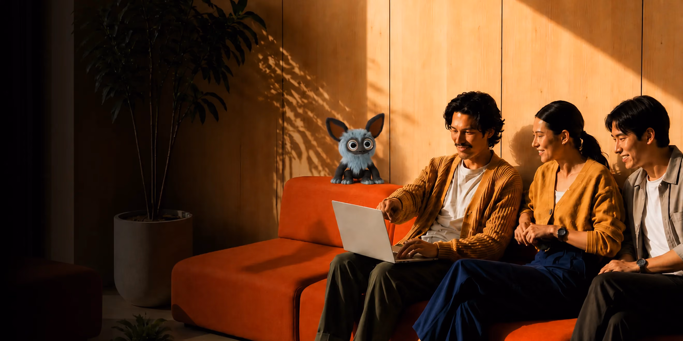 Three people sitting on an orange couch looking at a laptop with a small animated blue creature beside them.