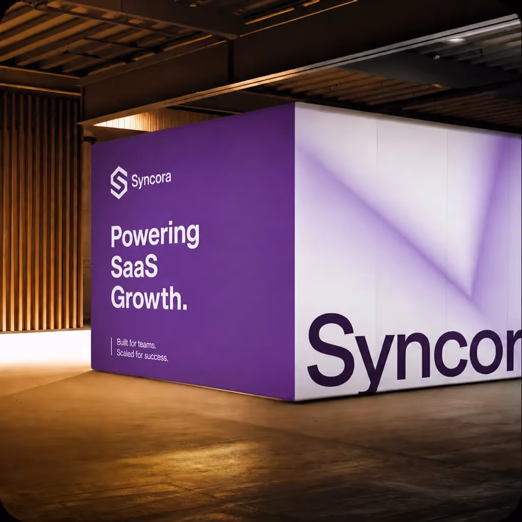 Purple and white Syncora sign in a dimly lit room with text about powering SaaS growth.