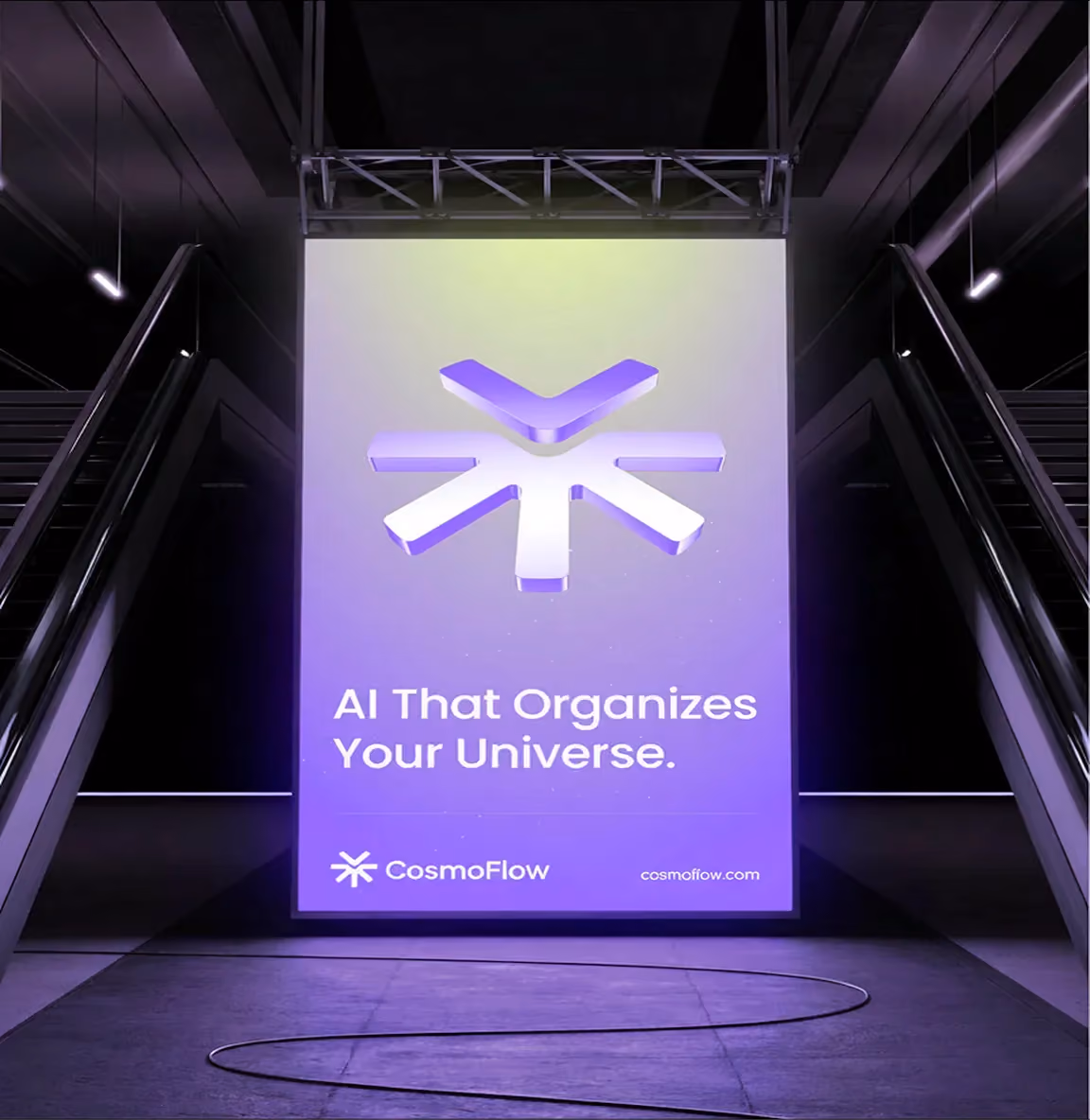 Illuminated poster between escalators reading 'AI That Organizes Your Universe' with CosmoFlow logo.