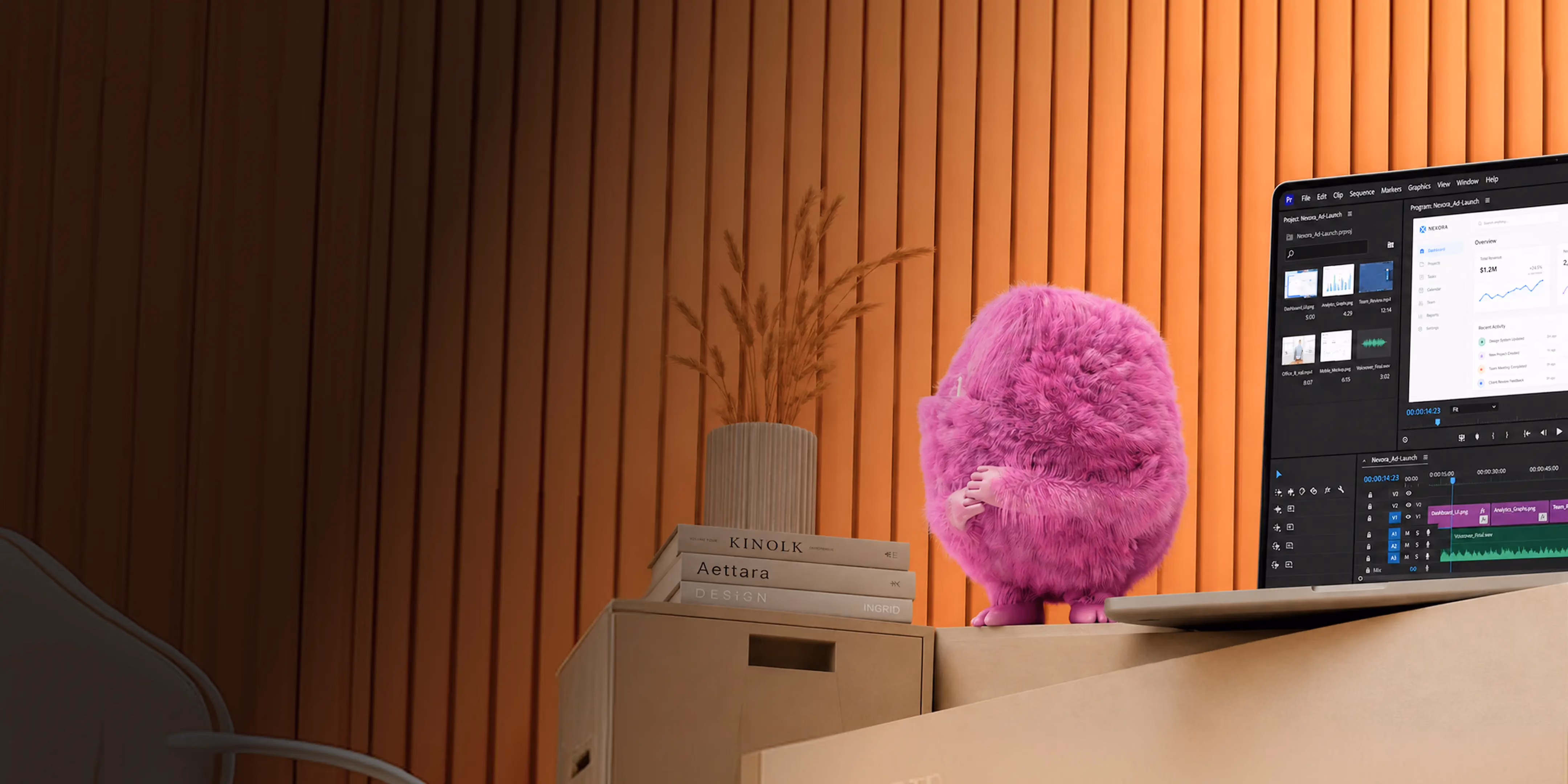 Pink furry character with crossed arms standing on a desk near a laptop and stacked books.