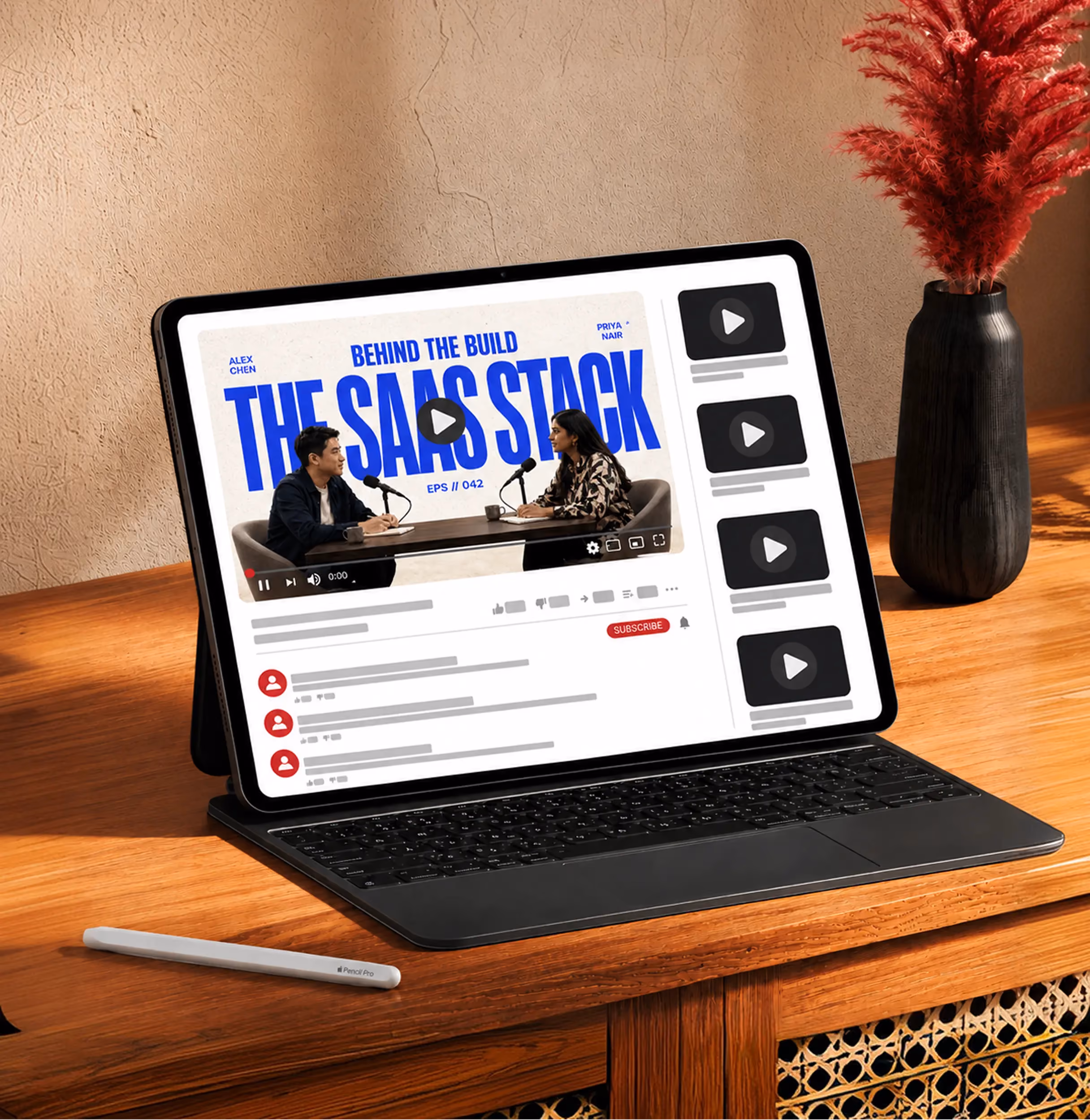 Tablet on wooden desk showing a YouTube podcast titled The SaaS Stack with two speakers and an Apple Pencil nearby.