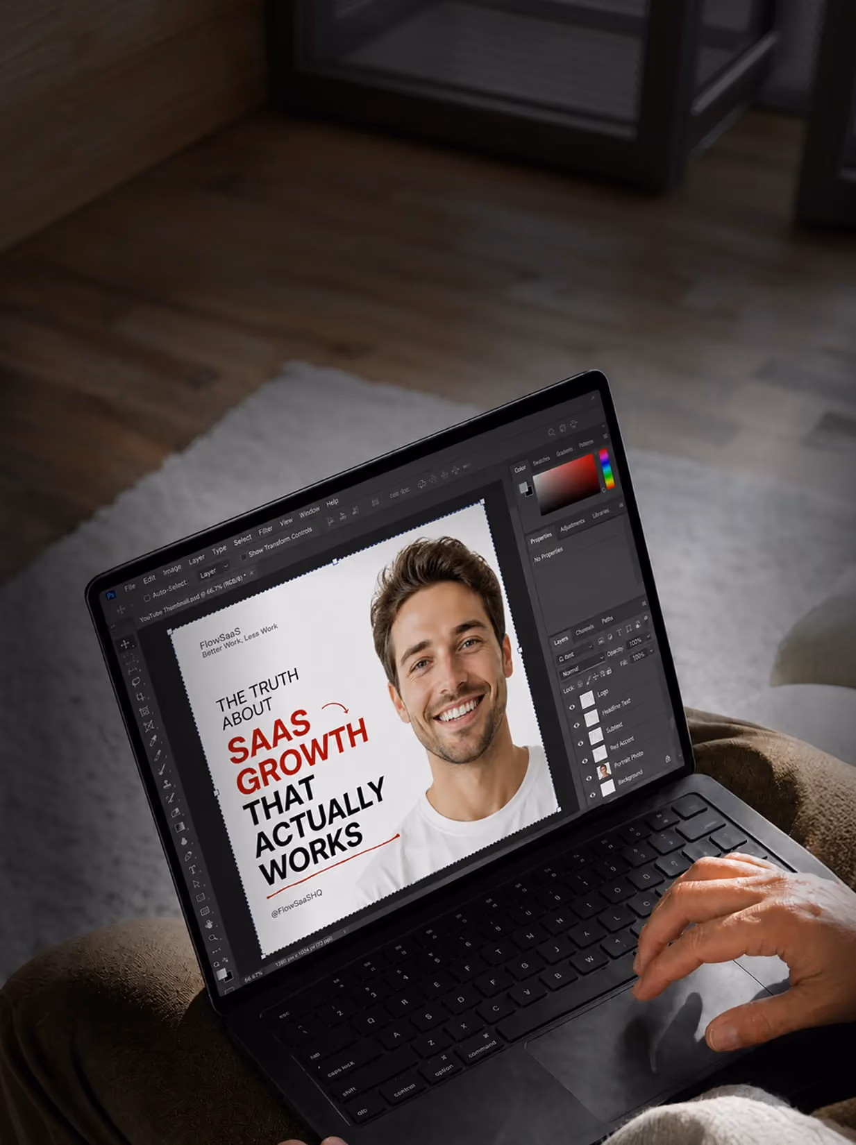 Laptop screen editing a graphic with text about SaaS growth and a smiling man's portrait.
