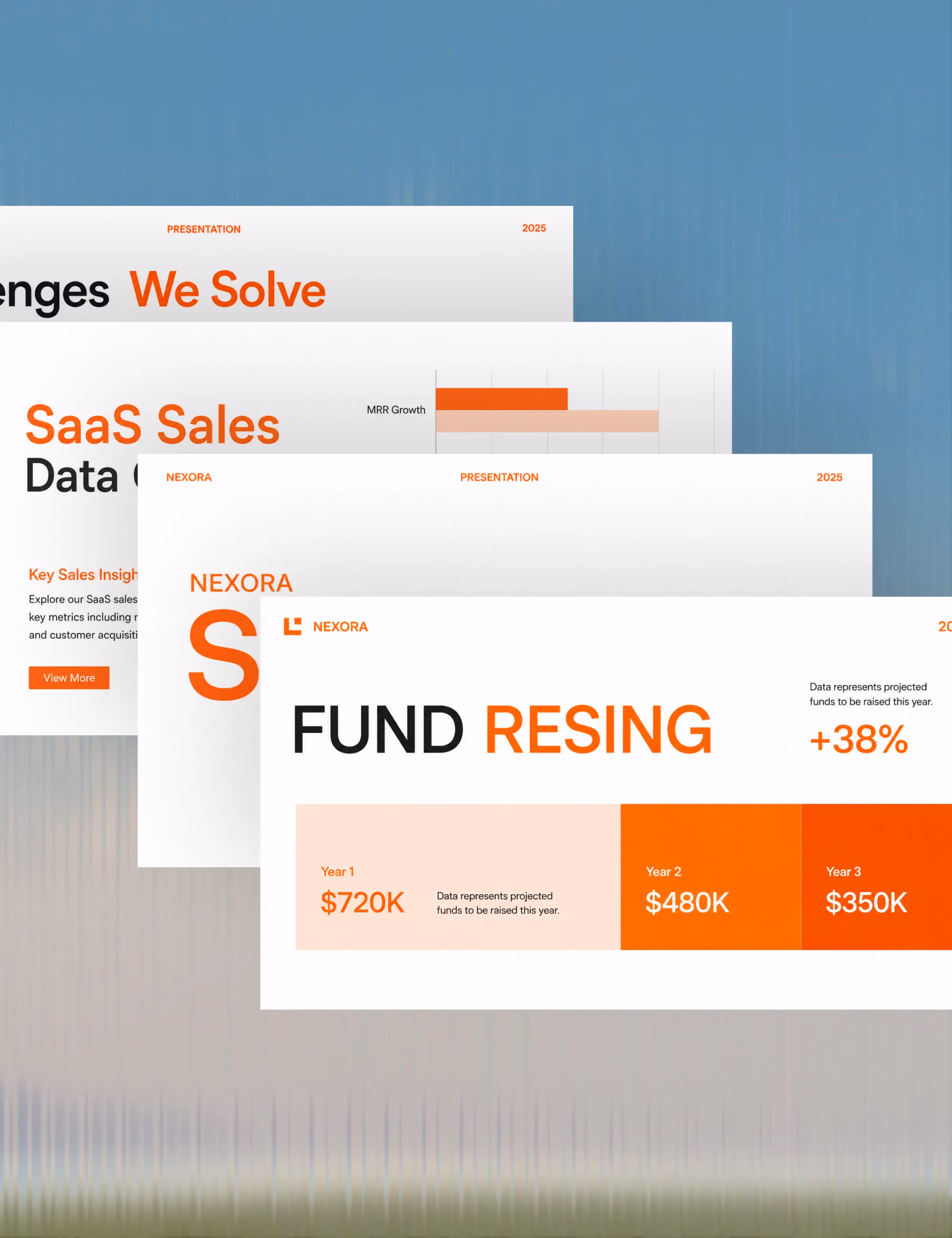 Stacked presentation slides about SaaS sales, MRR growth, and fund raising projections for 2025.