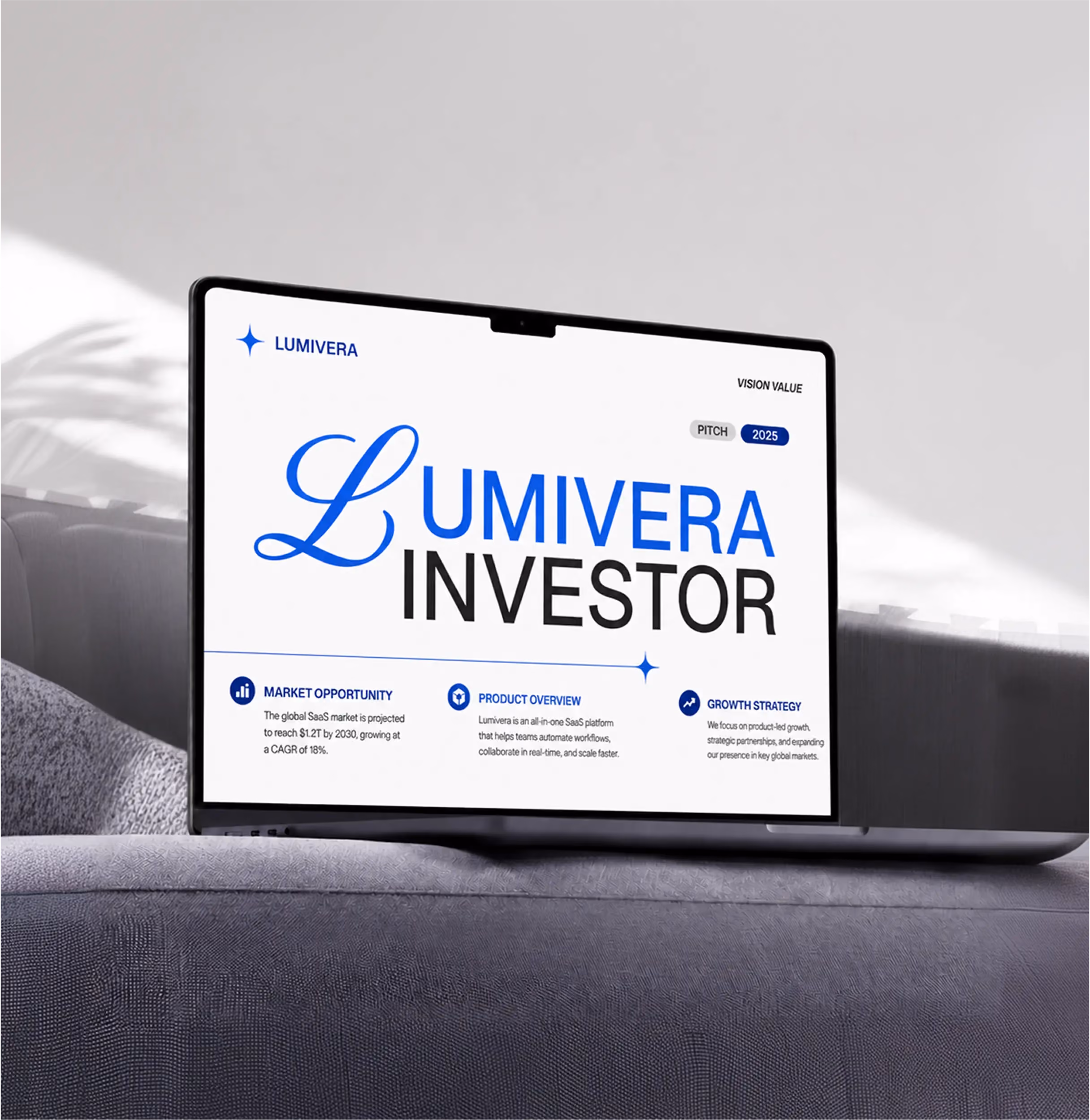 Laptop on sofa displaying Lumivera Investor pitch with market, product, and growth details.