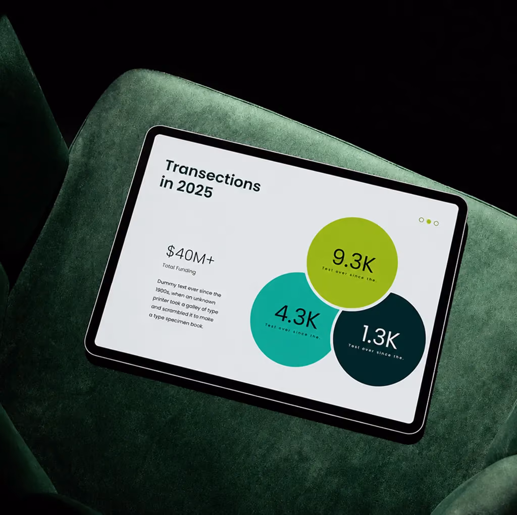 Tablet on green chair shows 2025 transactions data with three circles and $40M+ total funding text.