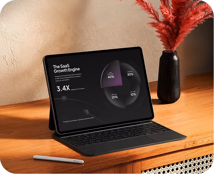 Tablet with keyboard on a wooden desk showing SaaS Growth Engine chart and a vase with red plants.