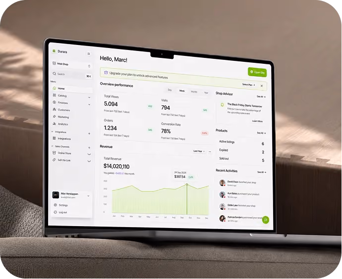 Laptop screen shows dashboard with sales, revenue, visits, orders, and recent activity summaries.
