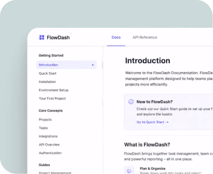 FlowDash documentation interface showing introduction and navigation menu with project and task management topics.