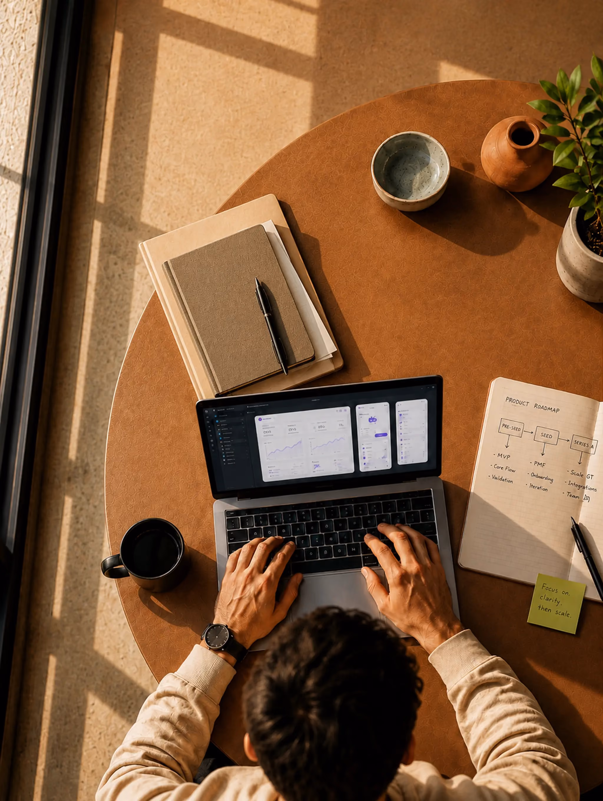 Person typing on a laptop at a round table with notebooks, coffee, and a product roadmap notebook.