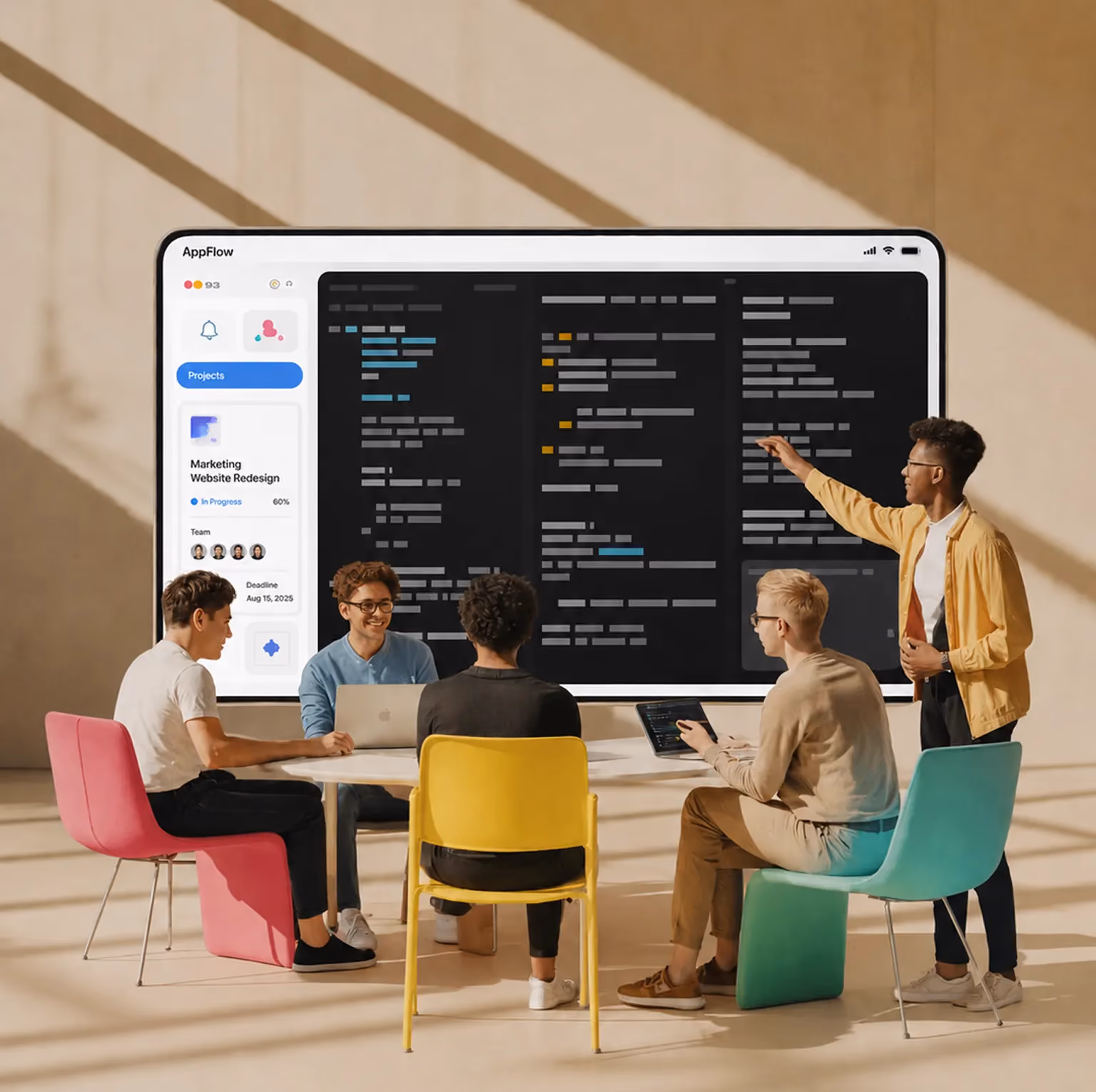 Five people in colorful chairs collaborate in front of a large screen displaying a project app interface.