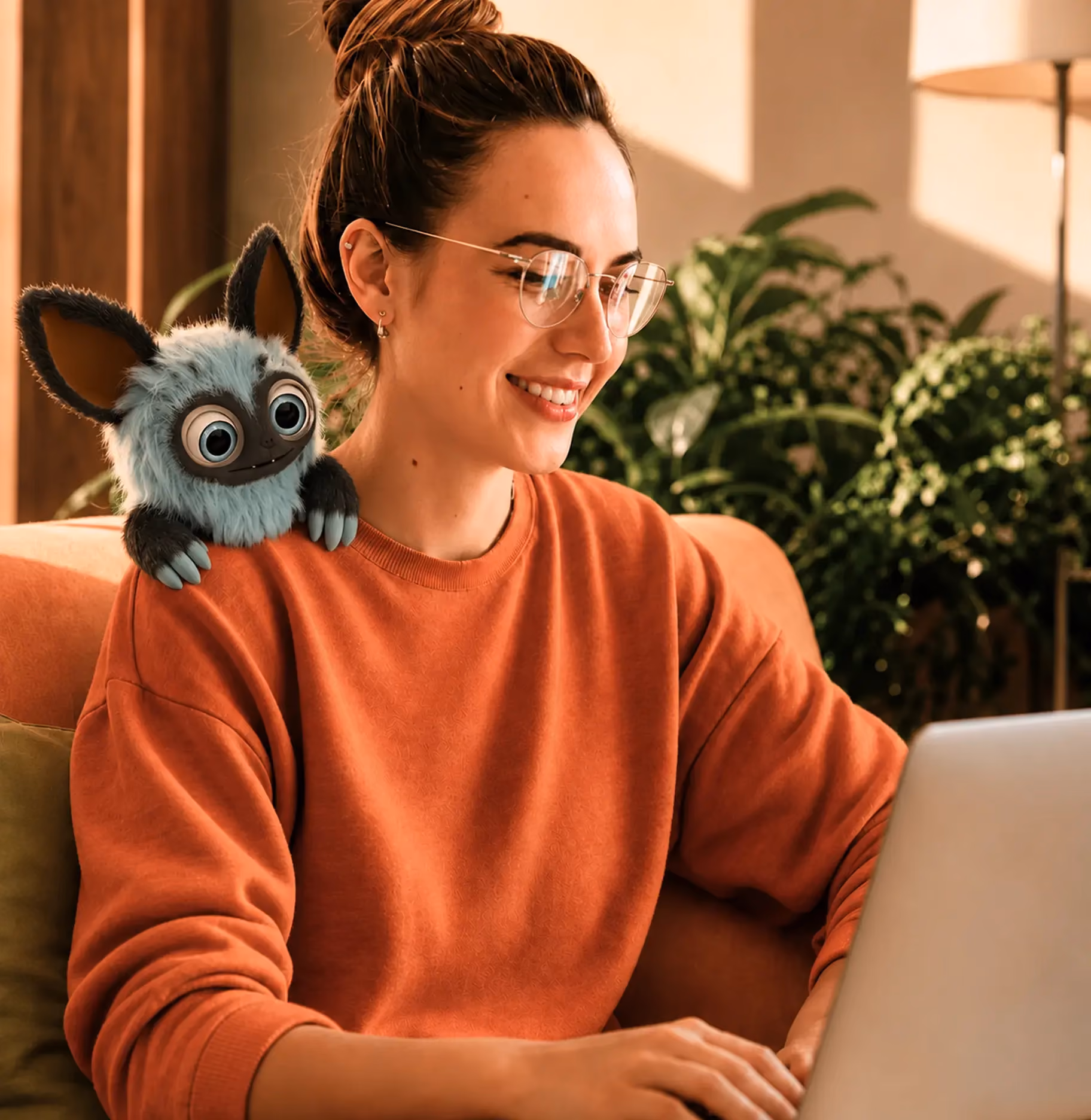 Smiling woman in glasses and orange sweater using a laptop with a small blue fantasy creature on her shoulder.