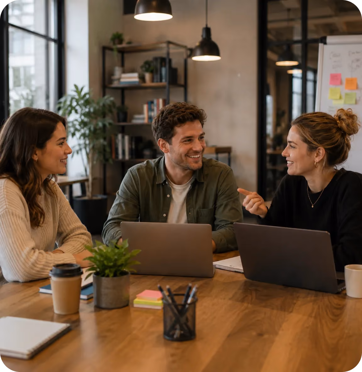 Three colleagues smiling and talking at a table with laptops, notepads, and coffee cups in an office.