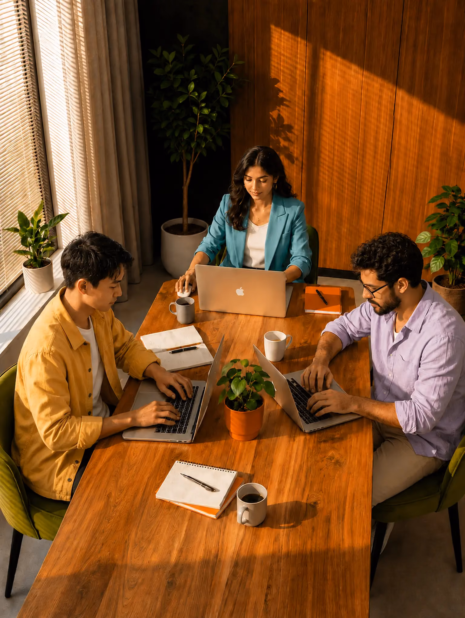 Three people working on laptops around a wooden table with coffee cups and notebooks in a sunny room.