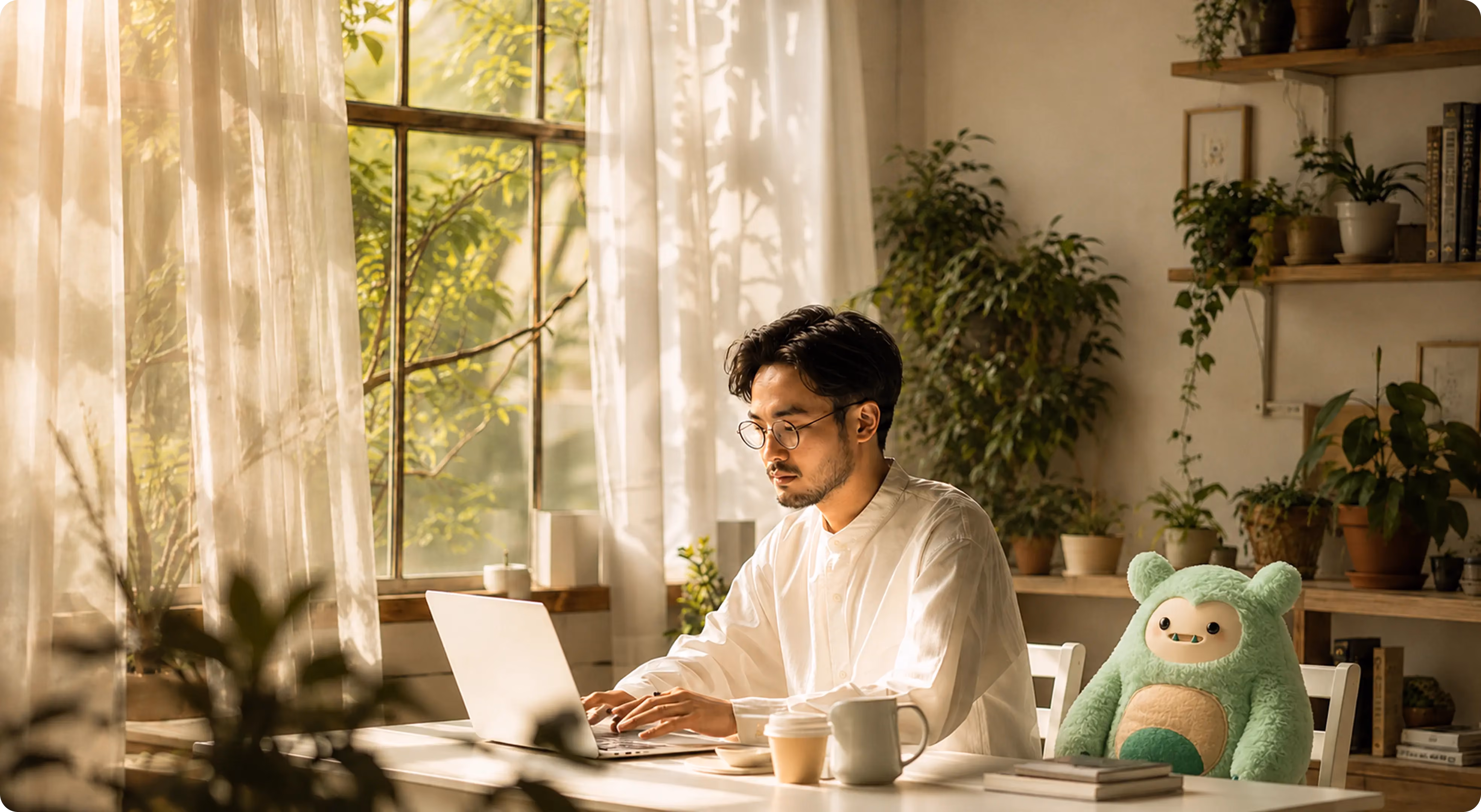 Man in glasses working on a laptop at a sunlit table with plants and a green plush toy beside him.