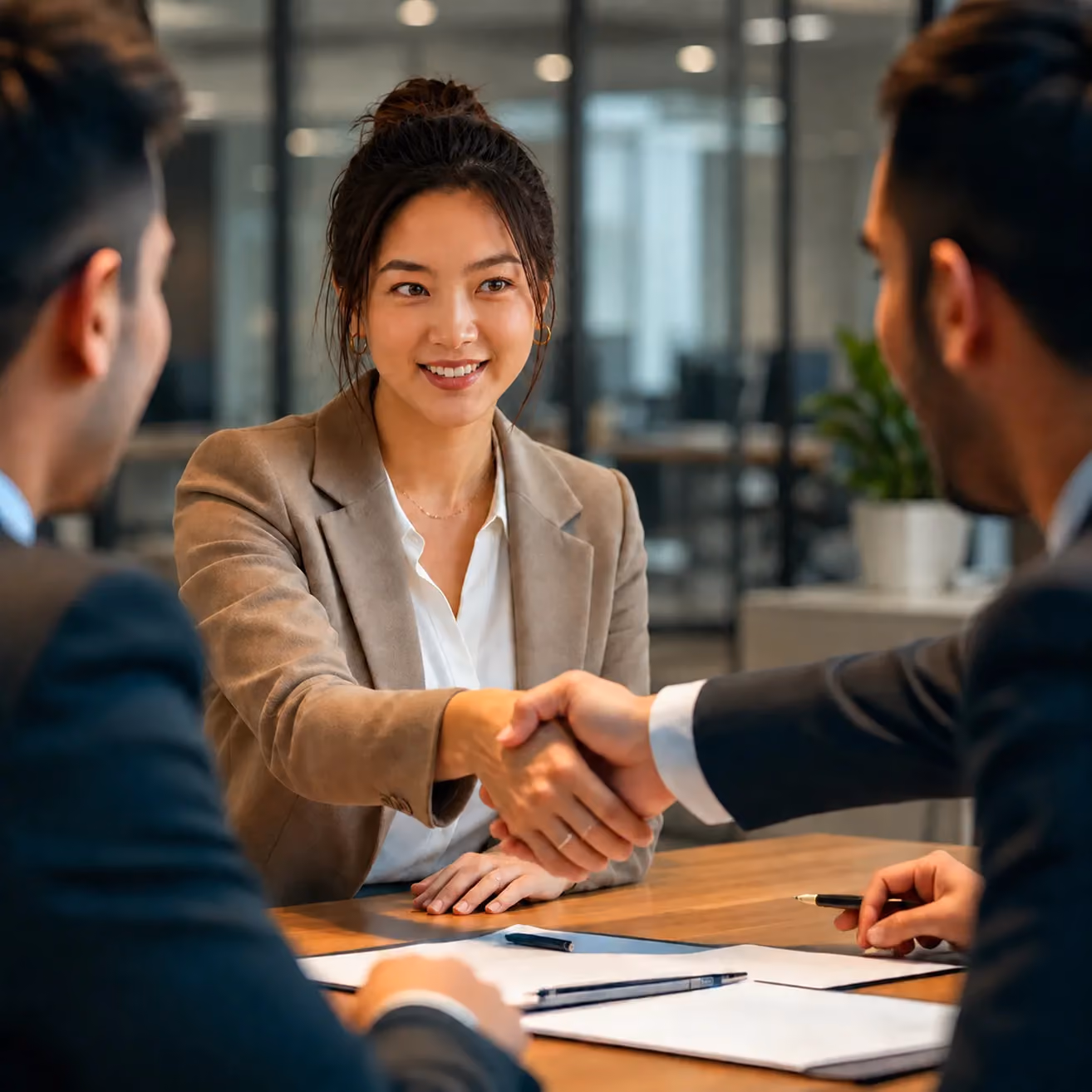 Businesswoman smiling and shaking hands with a man across a table in a professional office setting.