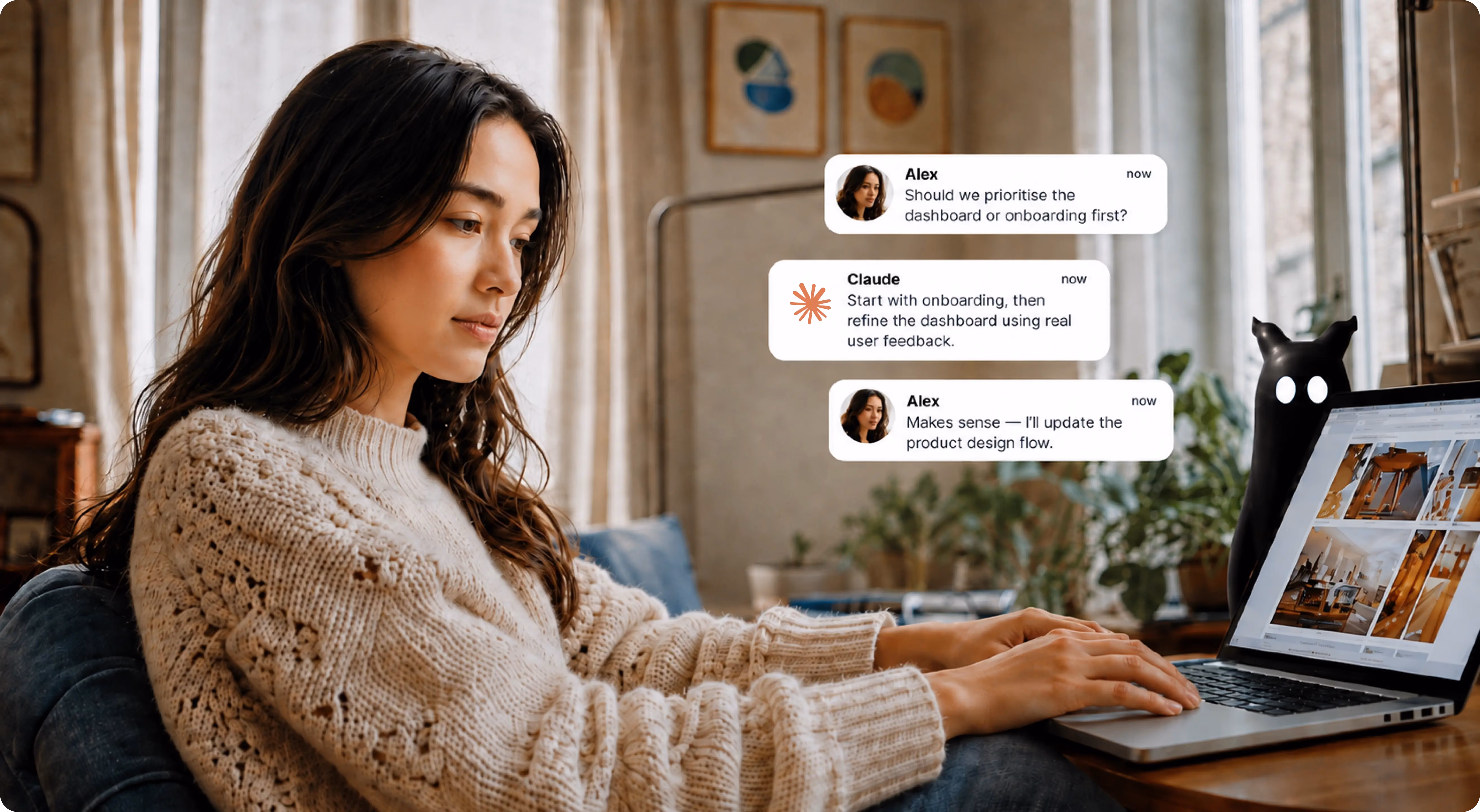 Woman in cream sweater using laptop with onscreen chat messages about product design priorities.