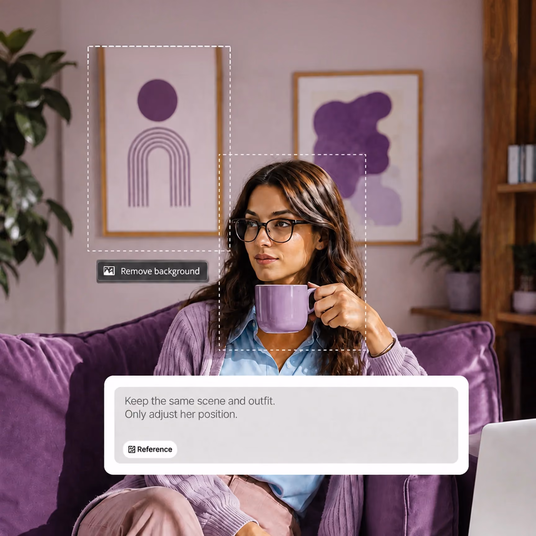 Woman with glasses sits on purple couch holding purple mug in a room with abstract purple art on walls.