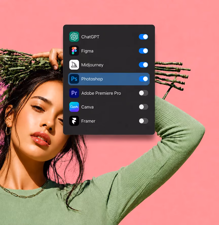Woman in green shirt holding flowers behind her head with a dark app menu showing design tool toggles.