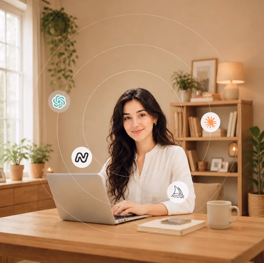 Woman smiling while using a laptop at a wooden table in a cozy room with plants and bookshelves.