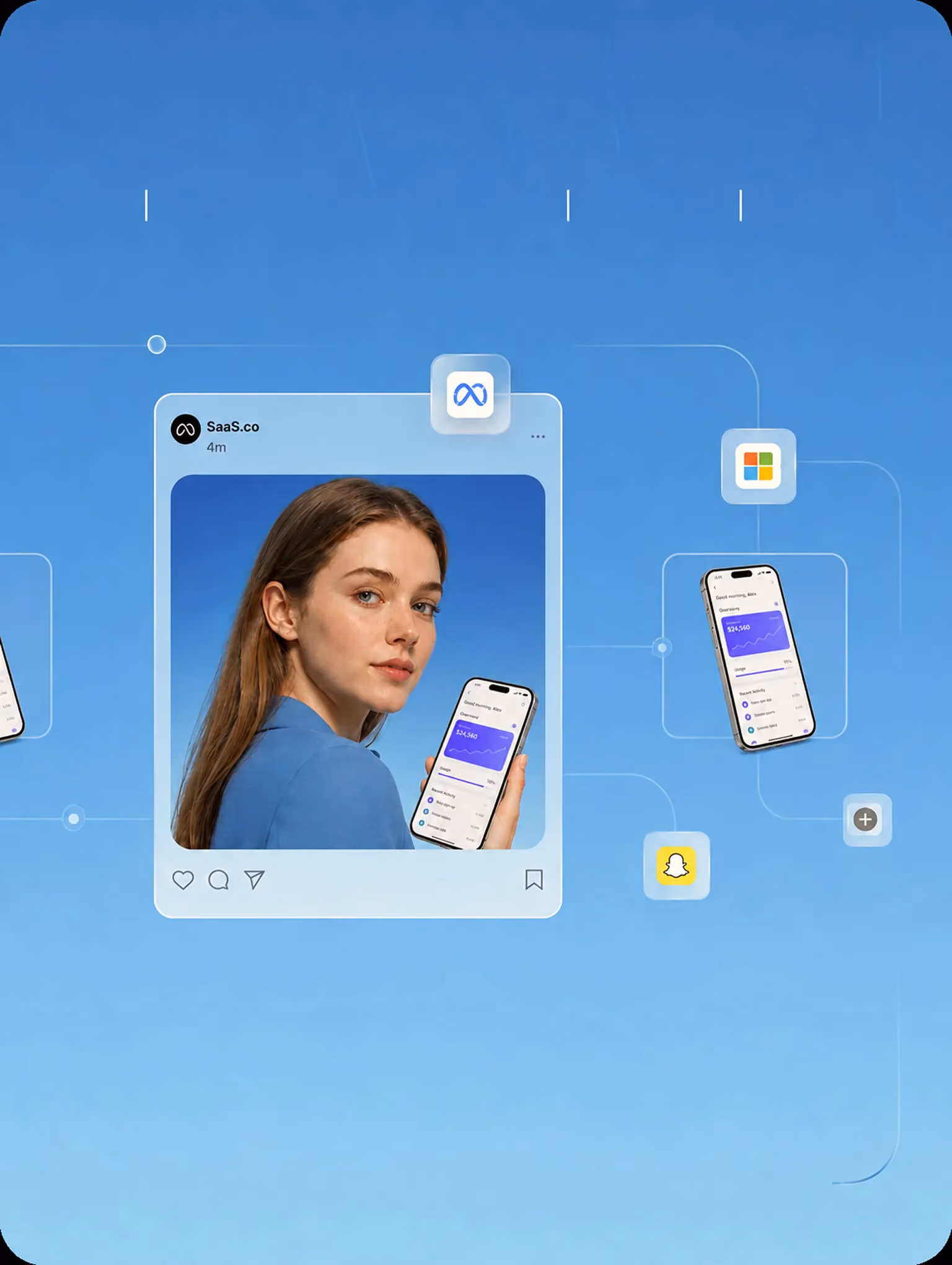 Woman in blue shirt holding phone showing financial app with graph and data on screen.