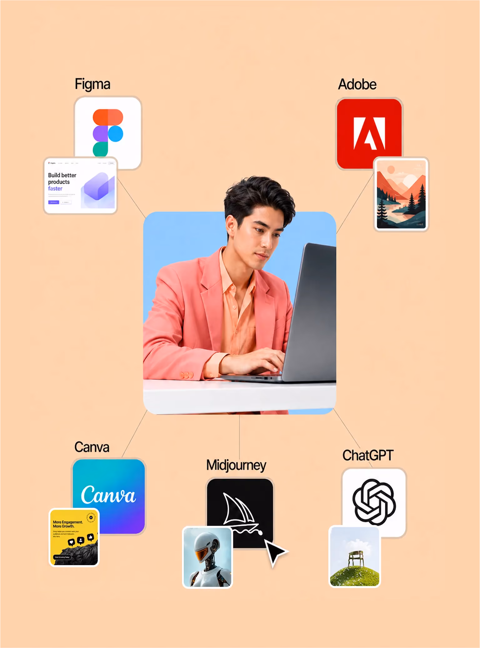 Man in pink blazer working on laptop surrounded by logos of Figma, Adobe, Canva, Midjourney, and ChatGPT.