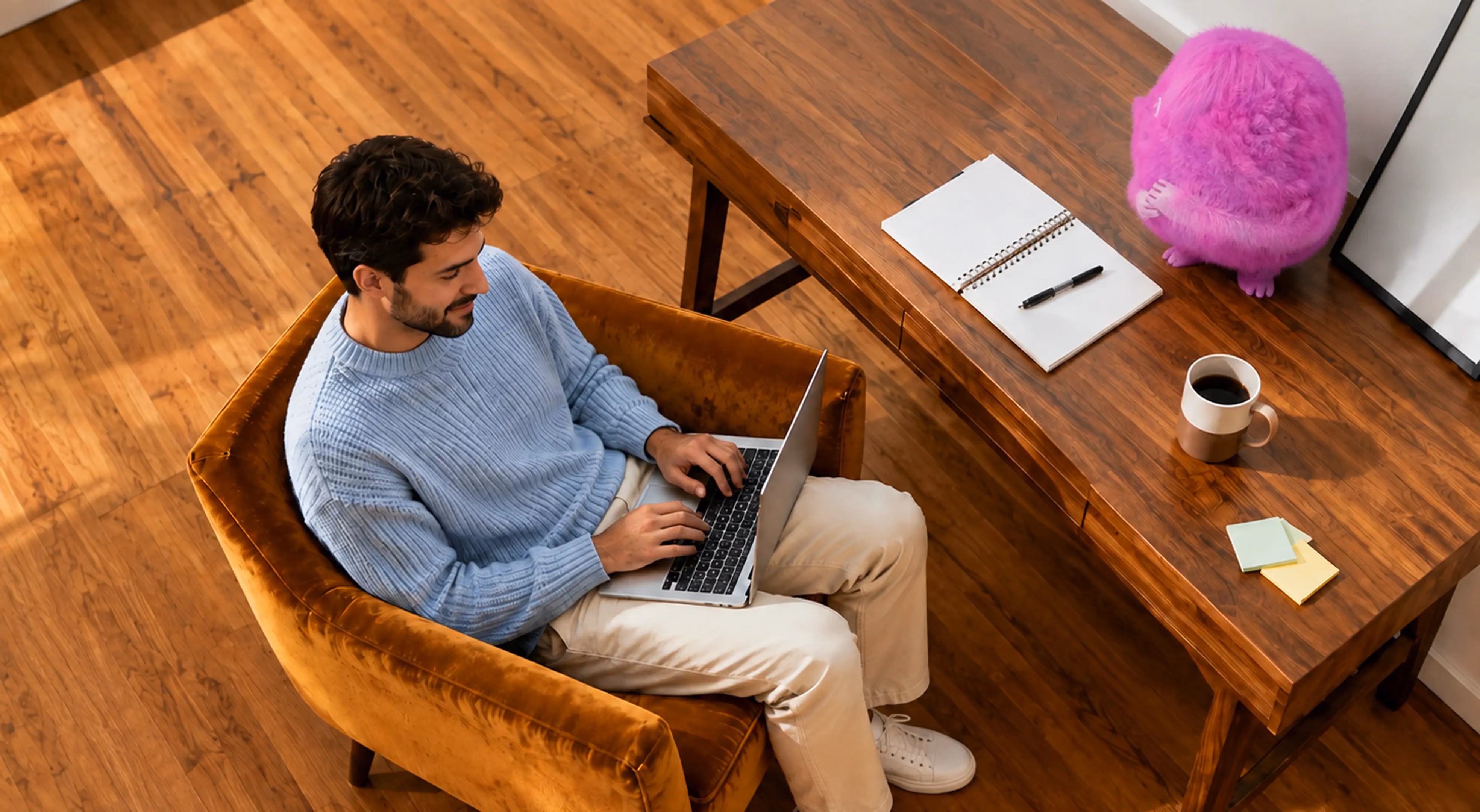 Man in blue sweater sitting in a brown chair working on a laptop near a wooden desk with a cup of coffee.