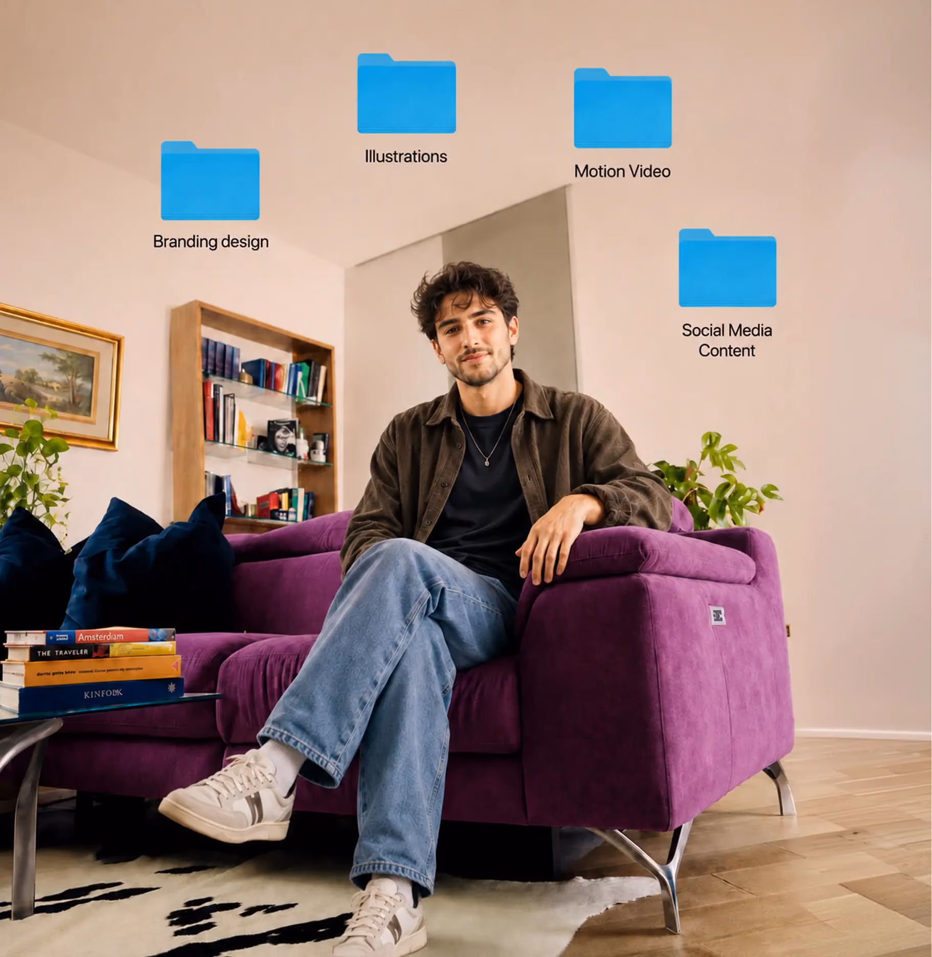 Cluma design service categories shown as folders around a seated designer