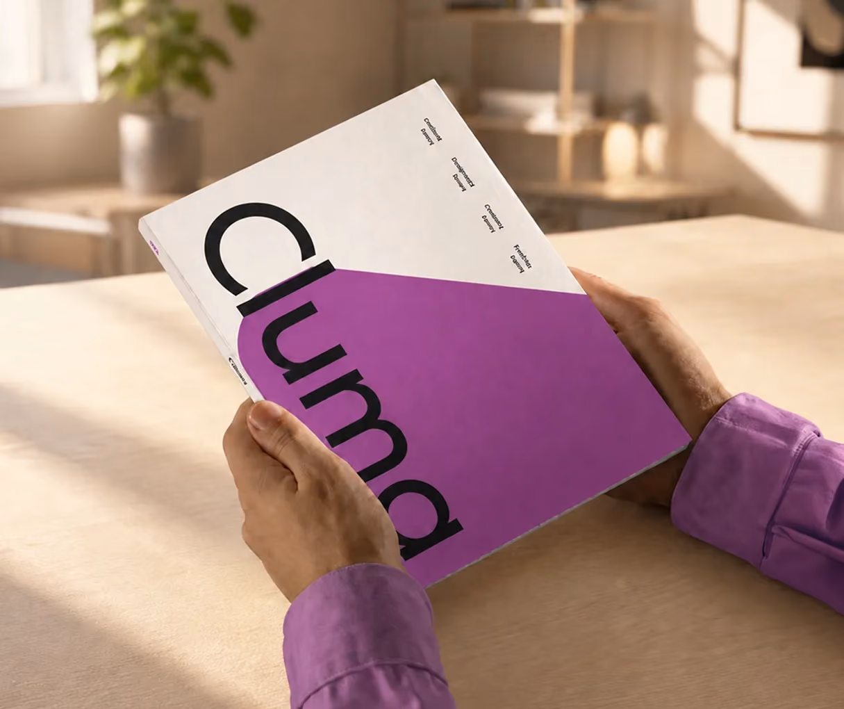Person holding a purple and white magazine titled Cluma at a wooden table in a bright room.