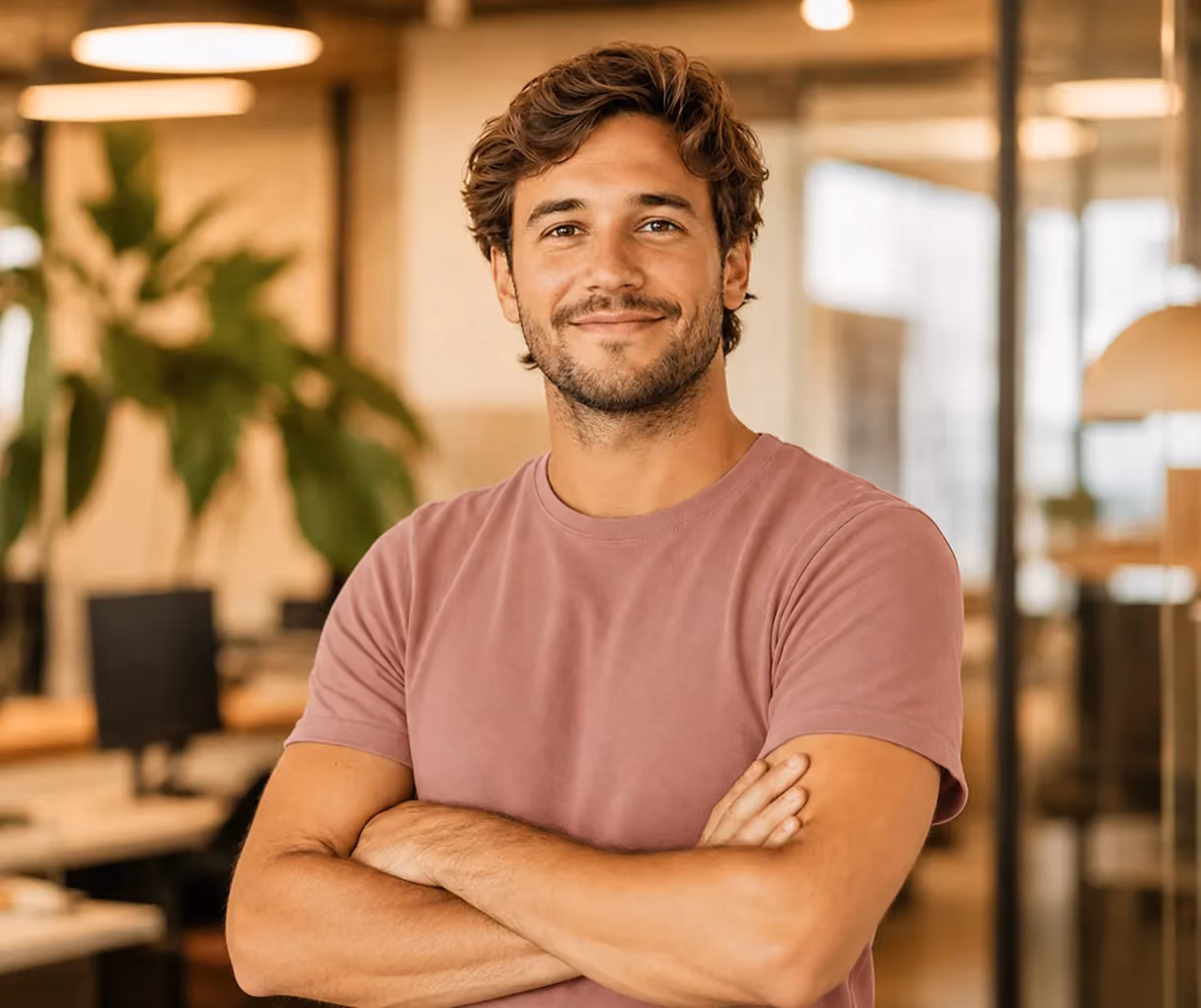 Smiling young man with crossed arms wearing a mauve t-shirt in a modern office.