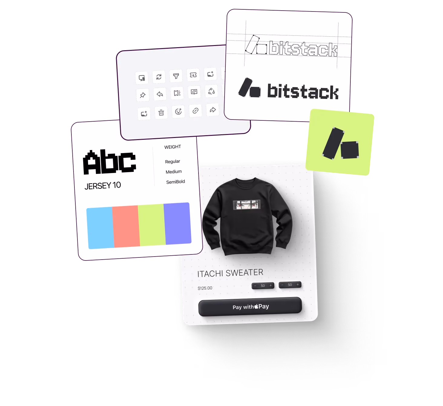Design elements showing pixel-style font named Jersey 10, Bitstack logo, icons, and a black Itachi sweater priced at $125.