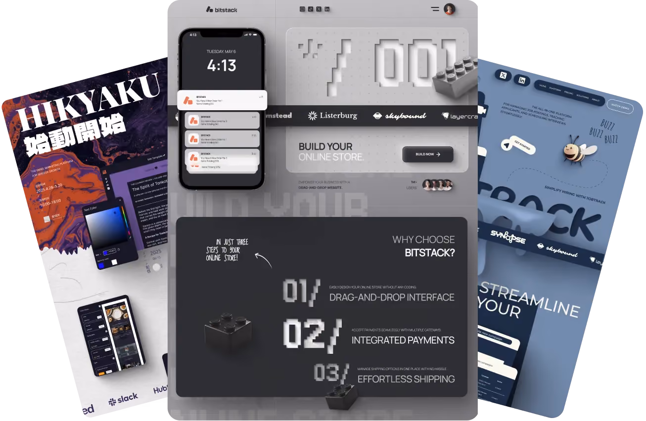 Bitstack website showing build your online store with drag-and-drop, payments, and shipping features.