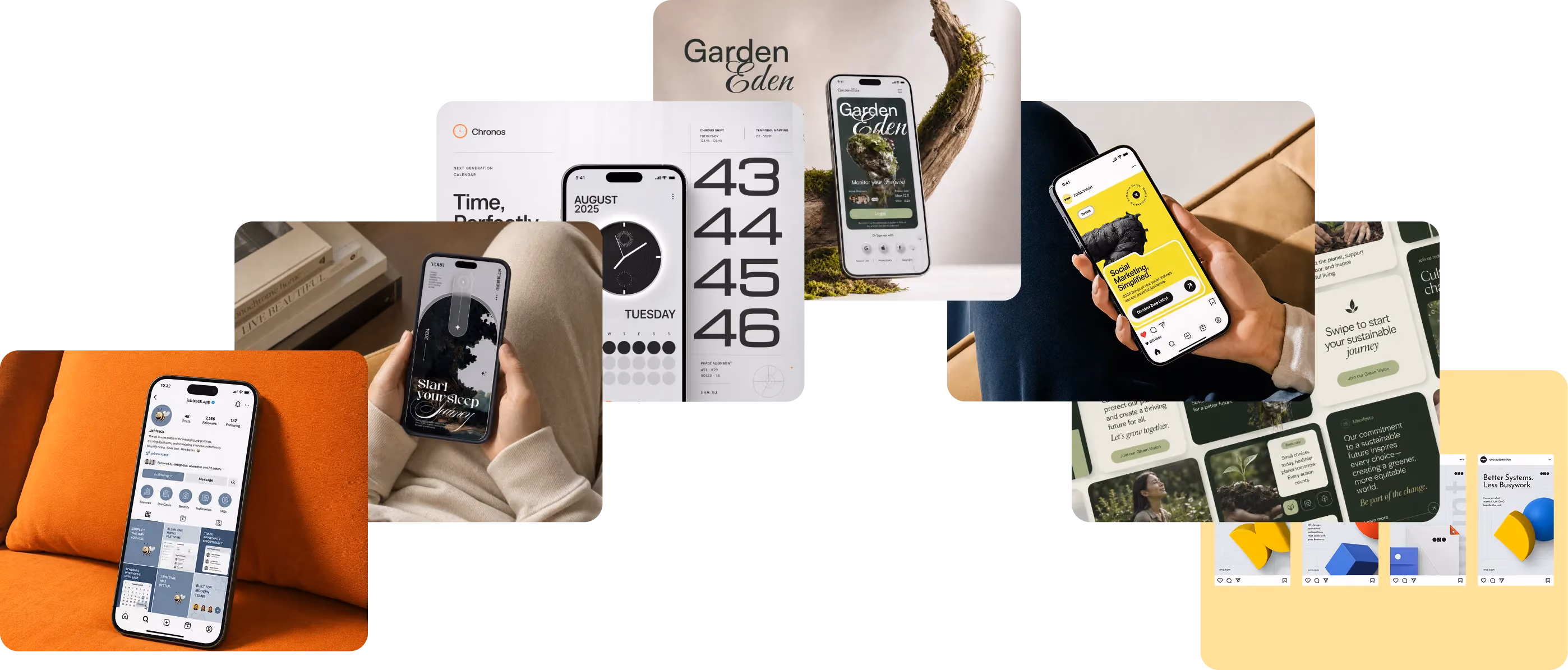 Various smartphones display social media, calendar, sleep, garden, and marketing app interfaces.